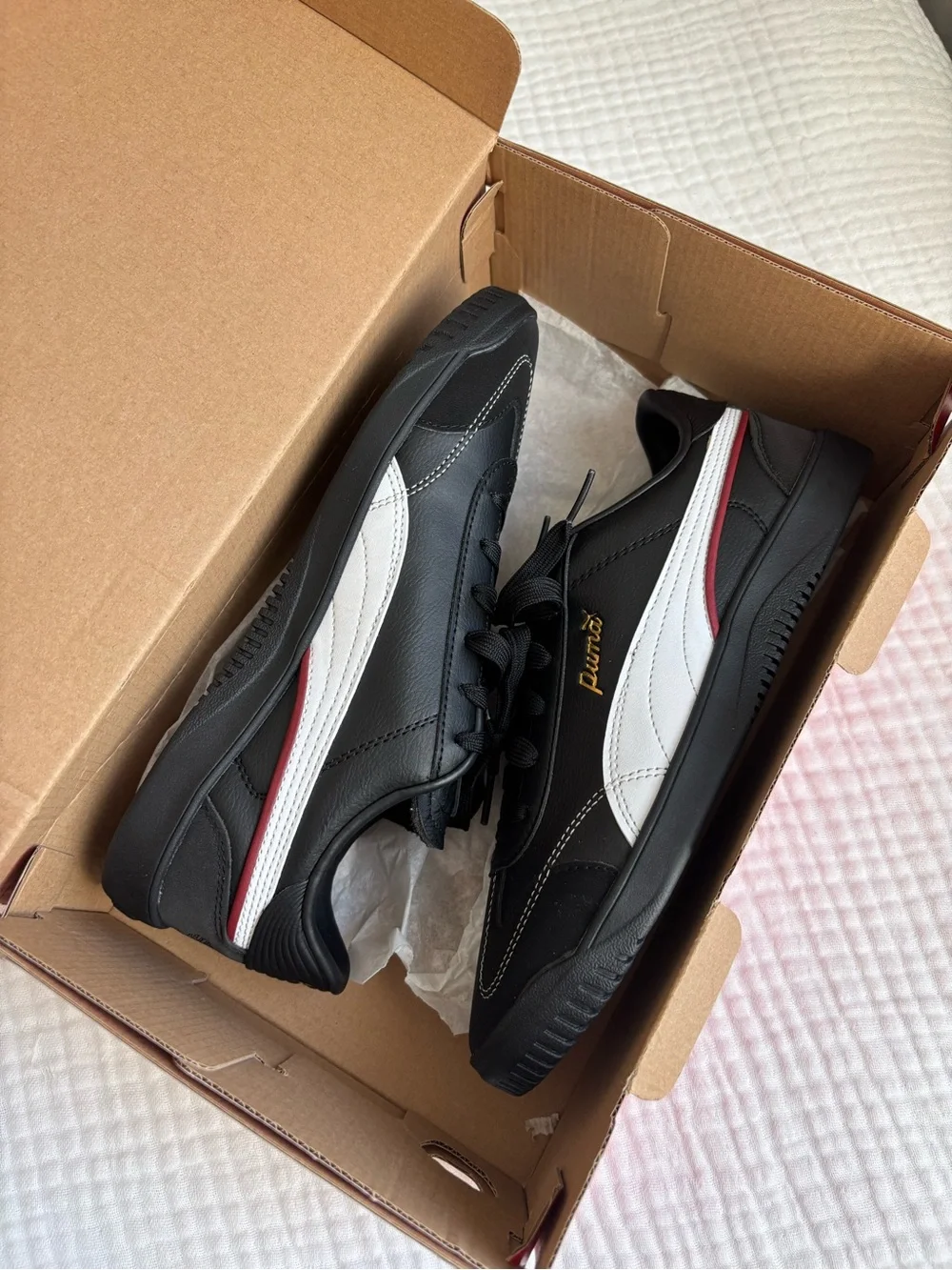 Puma Black White Low-Top Sneakers with Red Accent and Gold Logo